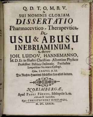 Dissertatio Pharmaceutico-Therapeutica De Usu & Abusu Inebriaminum