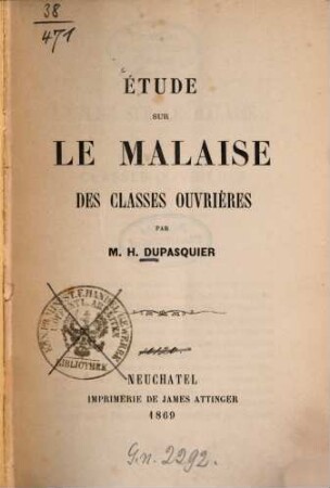 Étude sur le malaise des classes ouvrières par M. H. Dupasquier