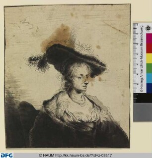 Halbfigur einer Frau mit Hut, Dreiviertelprofil nach rechts