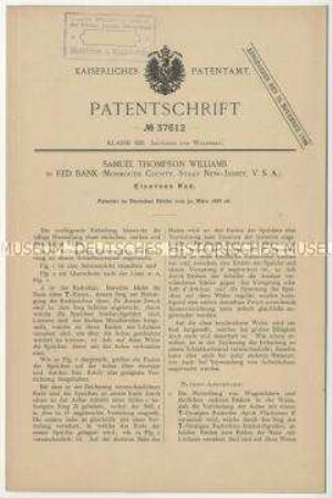 Patentschrift eines eisernen Rades, Patent-Nr. 37612