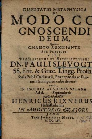 Disputatio Metaphysica De Modo Cognoscendi Deum