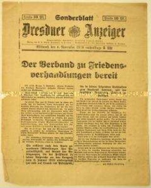 Nachrichtenblatt des "Dresdner Anzeiger" zu den Waffenstillstandsverhandlungen