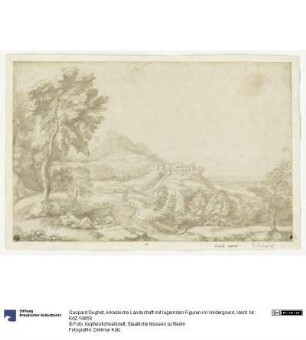 Arkadische Landschaft mit lagernden Figuren im Vordergrund
