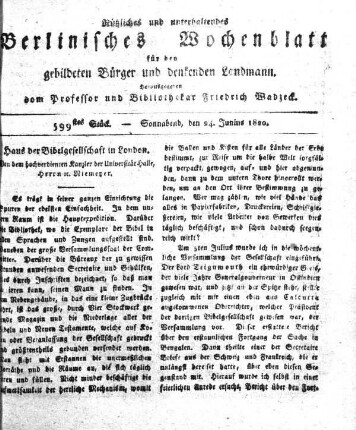 599stes Stueck, Sonnabend, den 24. Junius 1820