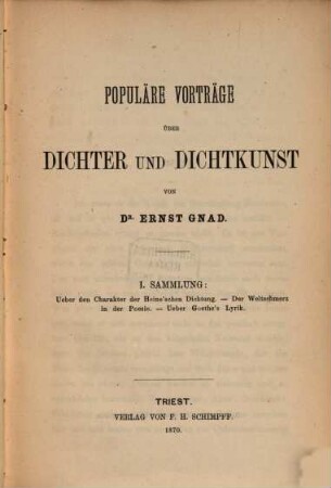 Populäre Vorträge über Dichter und Dichtkunst, I