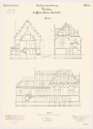 Garnison, Offiziers-Speiseanstalt, Konstanz: Längsschnitt, Querschnitte 1:100
