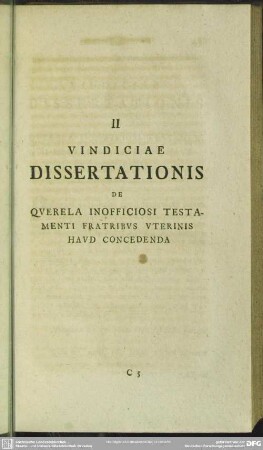II Vindiciae Dissertationis De Querela Inofficiosi Testamenti Fratribus Uterinis Haud Concedenda
