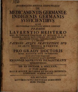 Dissertatio Medica Inavgvralis De Medicamentis Germaniae Indigenis Germanis Svfficientibvs