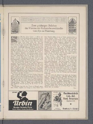 Zum 40jährigen Bestehen des Vereins der Kolonialwarenhändler von 1872 zu Hamburg.