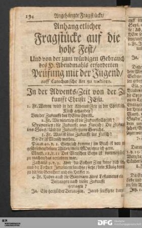Anhang etlicher Fragstücke auf die hohe Fest [...]