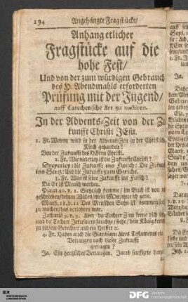 Anhang etlicher Fragstücke auf die hohe Fest [...]