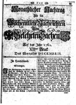 Monathlicher Nachtrag [...] Auf das Jahr 1762. XIItes Stuck Des Monaths Decembris