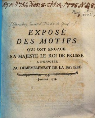 Exposé Des Motifs Qui Ont Engagé Sa Majesté Le Roi De Prusse A S'Opposer Au Demembrement De La Bavière