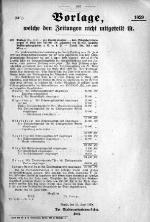 Anlage: (619), Vorlage, welche den Zeitungen nicht mitgeteilt ist, 21. Juni 1929