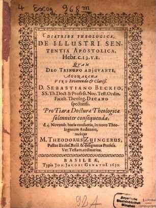 Diatribe theologica de illlustri sententia apostolica Hebr. c. 13, v. 8.