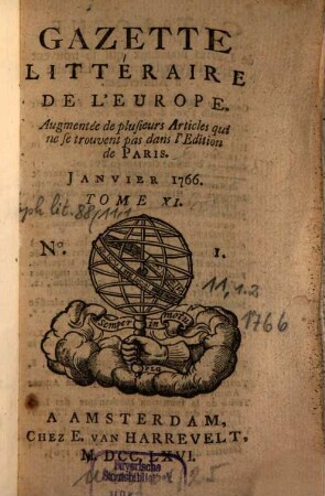 Gazette littéraire de l'Europe. 11. 1766, 1 - 2 (Jan. und Febr.)