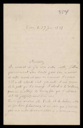 Nr. 3 (= Nr. 354) Brief von Henri Poincaré an Felix Klein. Caen, 27.6.1881