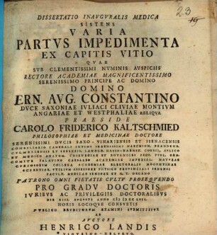 Dissertatio Inavgvralis Medica Sistens Varia Partvs Impedimenta Ex Capitis Vitio