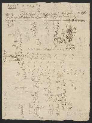 Doppelblatt mit Rätseln, Zahlenreihen und weiteren Notizen