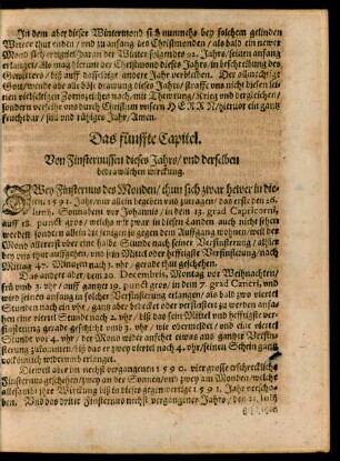 Das fünffte Capitel. Von Finsternussen dieses Jahrs/ und derselben bedrawlichen wirckung.