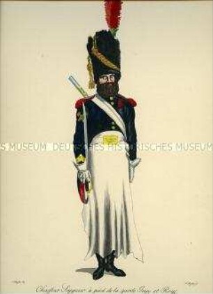 Uniformdarstellung, Sappeur des Jäger-Regiments zu Fuß der Kaiserlichen Garde, Frankreich, 1810. Tafel 11 aus: Les Gardes Imperiales et Royales de l'Armée Française.