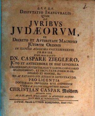 Disputatio inauguralis de iuribus Iudaeorum