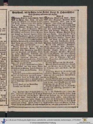 Verzeichnuß, wie die Posten in der Kaiserl. Königl. V. Oesterreichischen Stadt Freyburg ankommen und abgehen.