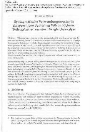 Syntagmatische Verwendungsmuster in einsprachigen deutschen Wörterbüchern. Teilergebnisse aus einer Vergleichsanalyse