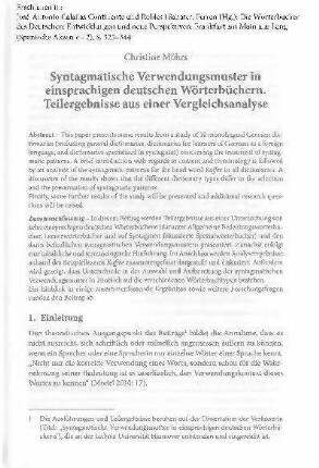 Syntagmatische Verwendungsmuster in einsprachigen deutschen Wörterbüchern. Teilergebnisse aus einer Vergleichsanalyse