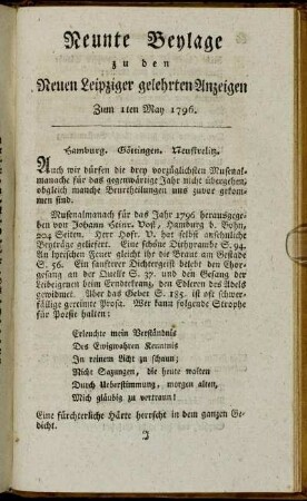 Neunte Beylage zu den Leipziger gelehrten Anzeigen - Zum 1sten May 1796.