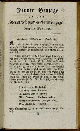 Neunte Beylage zu den Leipziger gelehrten Anzeigen - Zum 1sten May 1796.