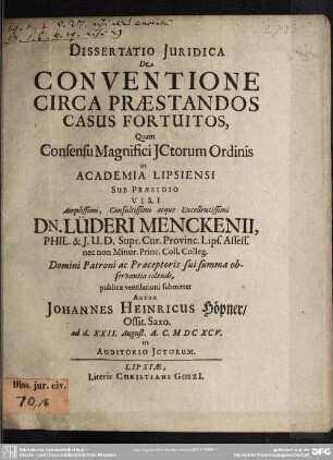Dissertatio jur. De conventione circa praestandos casus