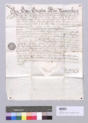 Kurfürst Maximilian [III.] Joseph von Bayern stellt dem Kloster St. Paul in Regensburg einen Lehenbrief über drei Äcker samt Anwandter in Ergolding aus. S: Kurfürst Maximilian III. Joseph von Bayern, Sekretsiegel