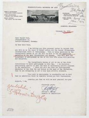 Brief von Philip N. Youtz an Hannah Höch. Fairmount, Philadelphia. Briefkopf: "Pennsylvania Museum of Art [...]".