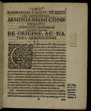 Sectio Prior. De Origine, Ac Natura Arminianismi.