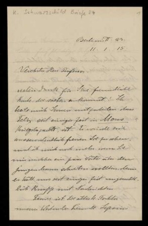 Nr. 1 Brief von Lili Du Bois-Reymond an Karl Schwarzschild. Berlin, 11.1.1915