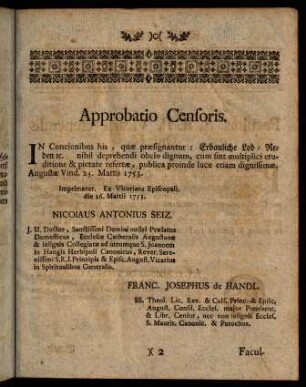 Approbatio Censoris.; Fakultas A.R.P. Vicarii Generalis Ordinis.