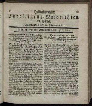 VI. Stück. Sonnabends: den 10. Februar 1781.