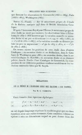 Sur la théorie de l'elimination enire deux équations á une inconnue