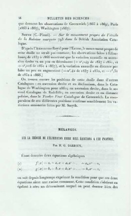 Sur la théorie de l'elimination enire deux équations á une inconnue