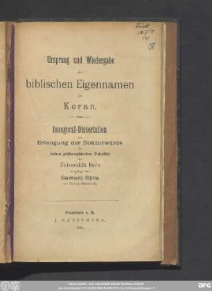 Ursprung und Wiedergabe der biblischen Eigennamen im Koran