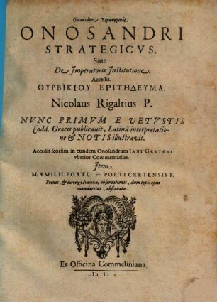 Onosandru Stratēgikos : = Onosandri Strategicvs. Siue De Imperatoris Institutione