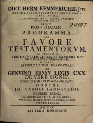 Programma de favore testamentorum : ex principiis iuris nat. civ. et canon. nec non moribus germanicis, diverso, Dissertationi Inaugurali