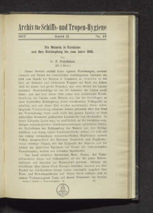 Die Malaria in Rumänien und ihre Bekämpfung bis zum Jahre 1916.