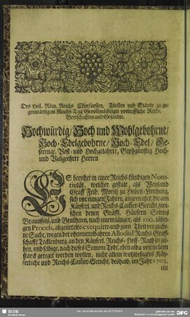 Des Heil. Röm. Reichs Churfürsten, Fürsten und Stände zu gegenwärtigen Reichs-Tag Gevollmächtigte vortreffliche Räthe, Bottschafften und Gesandte ...