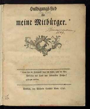 Huldigungs-Lied für meine Mitbürger : Kann bis ein Componist dazu sich findet, nach der Mel. Bekränzt mit Laub den liebevollen Becher! gesungen werden