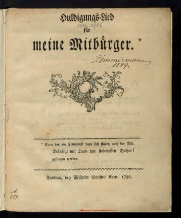 Huldigungs-Lied für meine Mitbürger : Kann bis ein Componist dazu sich findet, nach der Mel. Bekränzt mit Laub den liebevollen Becher! gesungen werden
