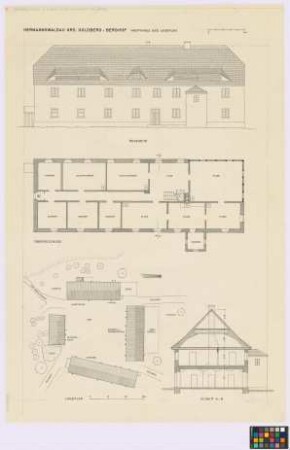 Hermannswaldau (Kreis Goldberg): Berghof. - Lageplan mit Auszugshaus (Aufsicht), Teich (Aufsicht), Pferde- und Schweinestall (Aufsicht), Scheune (Aufsicht), Haupthaus und Kuhstall (Aufsicht), Dung (Umriss). - Haupthaus (Rück-Seiten-Ansicht, Grundriss des Obergeschosses mit Abort, Querschnitt A-B)