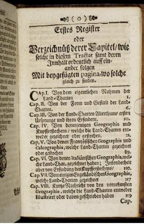 Erstes Register oder Verzeichnüß derer Capitel, wie solche in diesem Tractat samt deren Innhalt ordentlich auff einander folgen ...