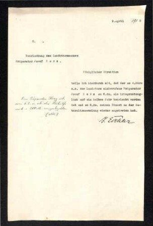 Beurlaubung des Landsturmmannes Präparator Joseph Kerz